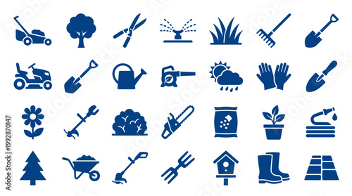 Collection of gardening tools and equipment icons for lawn care and landscaping services in a blue color scheme