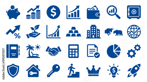 Financial growth and business success icons collection symbolizing investment, savings, profit, and strategy for wealth building