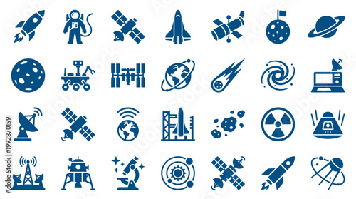 Collection of space exploration icons including rockets astronauts satellites planets and galaxies representing space travel and scientific discovery
