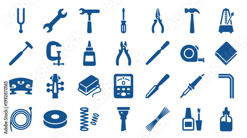 Collection of musical instrument repair tools and accessories for maintenance and setup including tuning forks pliers screwdrivers and more