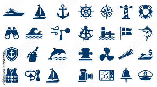 Nautical and Marine Icons Collection Set Featuring Ships Boats Anchors Lighthouse Binoculars and Other Maritime Symbols for Sea Travel and Ocean Adventure