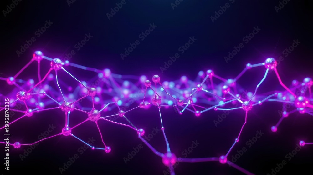 Fototapeta premium Abstract network visualization. Bright pink, blue lines connect glowing nodes against dark background. Futuristic, digital concept.