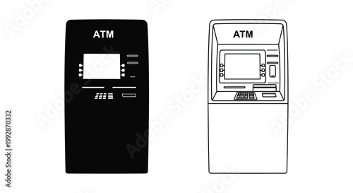 A minimalist illustration depicts two automated teller machines one solid black and one white outline high quality professional