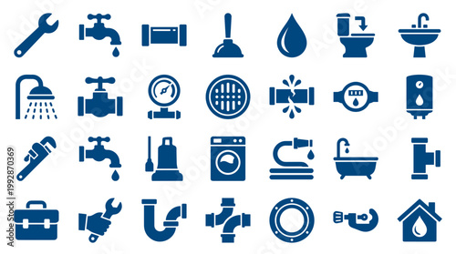 Plumbing icons set for home repair and maintenance services representing tools equipment and fixtures in a clean blue design