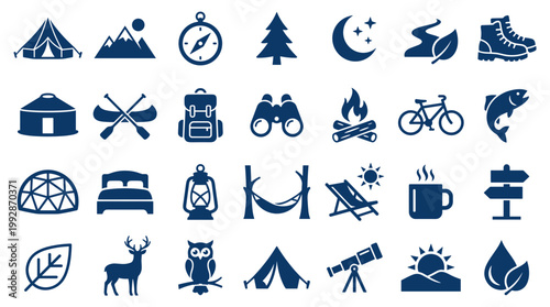 Collection of camping and outdoor adventure icons representing nature travel and recreational activities like hiking and exploration