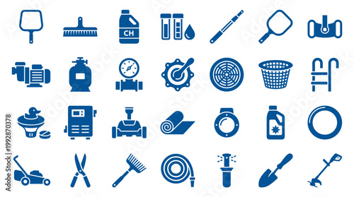 Collection of blue icons representing swimming pool maintenance equipment and garden tools, symbolizing home care and outdoor upkeep