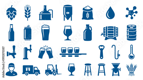 Collection of blue beer and brewing icons representing the craft of making beer from ingredients to final product and serving