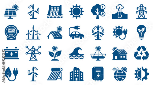 Diverse collection of renewable energy icons representing sustainable power sources and eco-friendly technology solutions for a greener future