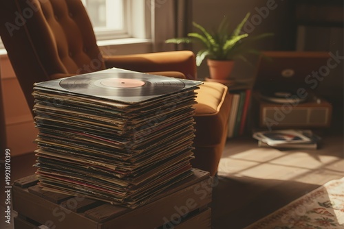 Vintage Vinyl Records and CDs Stack in Cozy Room 3/4 Angle View