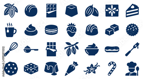 Collection of delicious chocolate and dessert icons representing sweet treats and confectionery items in a clean, modern, and appealing graphic style