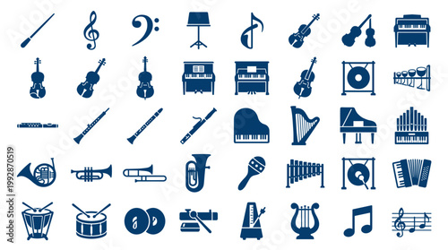 Collection of musical instruments icons and symbols in a flat design style, representing a variety of orchestral and band instruments, perfect for music education and creative projects