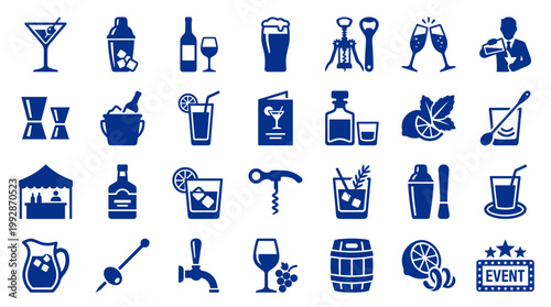Collection of blue bar and beverage icons representing cocktails drinks and party elements for event and celebration design