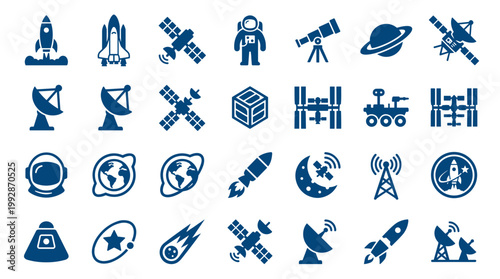 Collection of space exploration icons including rockets satellites astronauts planets and celestial bodies for science and technology concepts