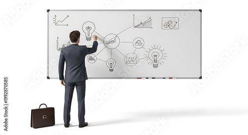 Businessman in suit drawing complex flowchart on whiteboard, planning strategy, business analytics, problem solving, workflow visualization