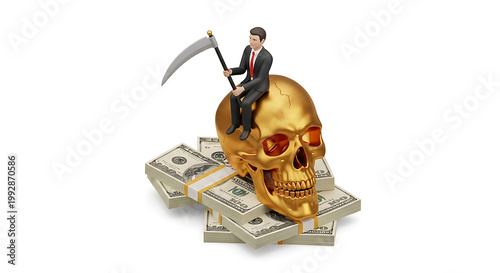 Businessman in suit riding golden skull on stack of money holding scythe, representing death, finance, and risk, dark concept