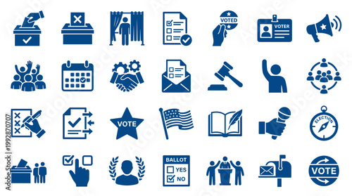 Collection of blue election and voting icons representing democratic process, civic participation, and government choices