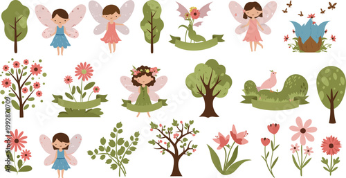 Whimsical fairy illustrations with flowers trees and plants in a garden setting with cute cartoon characters