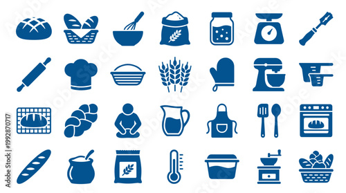 Collection of baking and cooking icons representing ingredients tools and finished products for a bakery or kitchen