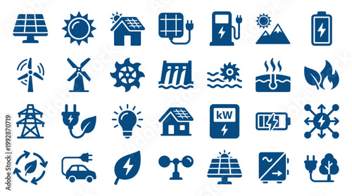 Collection of renewable energy and sustainable technology icons representing clean power generation and eco friendly solutions for a green future