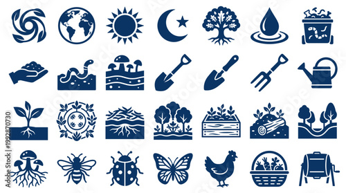 Collection of organic farming and gardening icons representing nature sustainability and healthy living with plants animals and soil elements