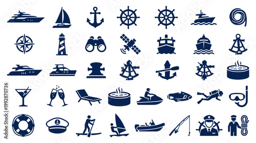 Nautical Icons Set Collection of Marine and Water Sports Symbols Including Boats Ships Anchors and Beach Leisure Activities