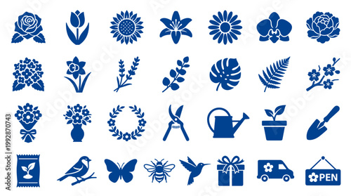 Collection of blue floral and garden icons representing nature plants flowers insects and gardening tools for design and decoration