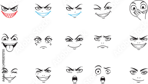 Bild auf Leinwand Evil and Mischievous Cartoon Face Expression Set with Smirk and Angry Emotions i