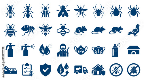 Pest control service icons set for extermination and disinfection of insects and rodents in homes and businesses
