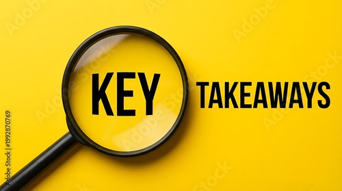 Magnifying glass reveals word key over yellow background highlighting important information and essential takeaways for understanding complex subjects or making crucial decisions.