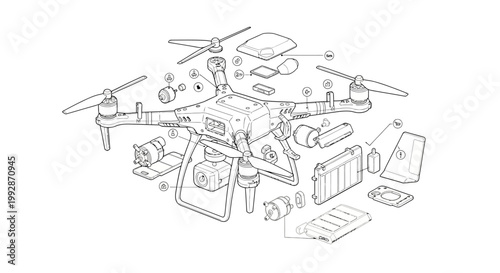 Detailed line art illustration showing the exploded view of a drone with labeled parts, presented in a technical drawing style against a clean white background to showcase the structure