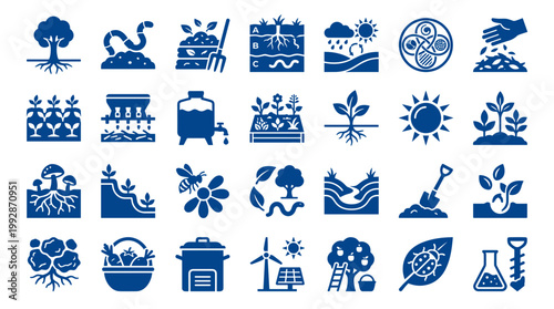 Collection of diverse farming and gardening icons representing agriculture plant growth soil health and sustainable practices in a blue color palette