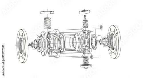 Detailed technical drawing of a valve assembly with flanges and springs presented as an exploded view, rendered in black lines against a clean white background, providing a precise