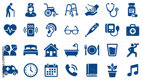Collection of healthcare and senior living icons representing medical care, assistance, and daily life for elderly individuals