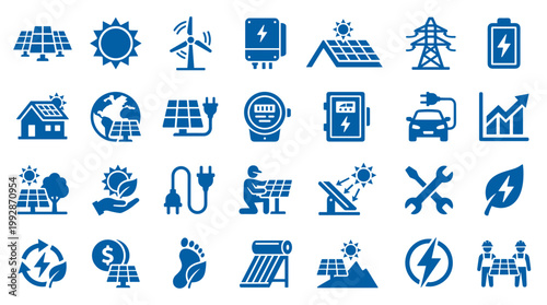 Renewable energy icons collection solar power wind energy electric car and sustainable technology symbols for eco friendly concept