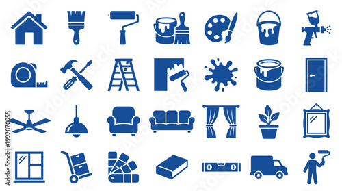 Collection of home renovation and interior design icons representing construction painting and furniture elements for home improvement projects