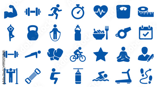 Collection of blue fitness and health icons representing exercise, sports, and healthy lifestyle activities on a white background