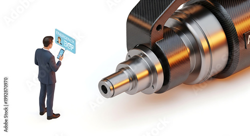 Businessman interacting with advanced machinery and holographic display showing data analytics, industrial technology and future engineering