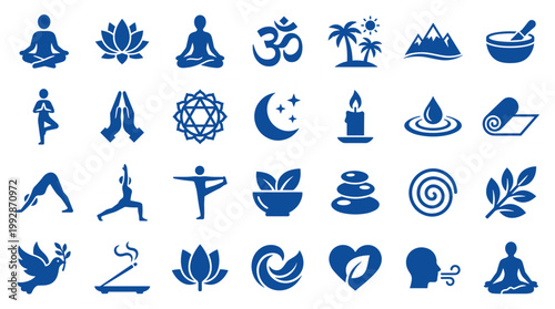Collection of blue yoga meditation wellness and spiritual icons representing health relaxation and mindfulness concepts