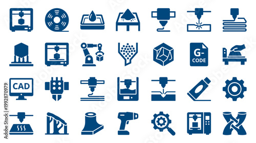 Collection of 3D printing technology icons representing additive manufacturing processes and related industrial concepts