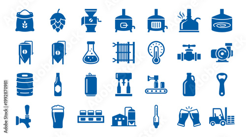 Brewery equipment icons set for beer production and craft brewing process symbols