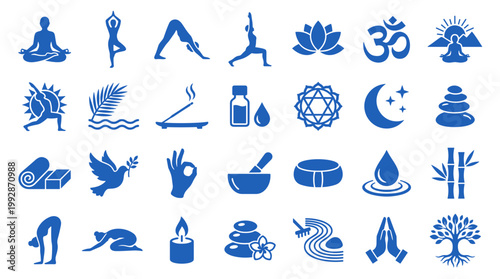 Collection of blue yoga and meditation icons representing wellness spirituality and healthy lifestyle with symbols for peace nature and relaxation