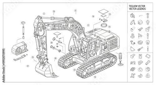Isometric technical drawing showcases an excavator's detailed component breakdown against a clean white background, rendered in a precise line art style, offering an informative visual