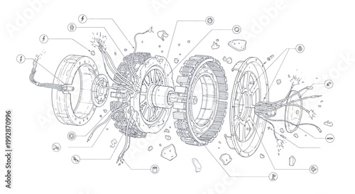 Detailed technical line drawing illustrating an exploded view of an electric motor with visible wiring, set against a clean white backdrop to highlight the intricate design and engineering