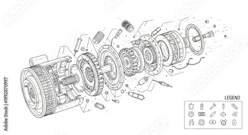 Detailed technical drawing of a complex gear assembly with exploded view showcasing each component, rendered with precise line work and against a stark white background to emphasize