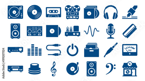 Collection of blue music and audio equipment icons representing sound technology and entertainment on a white background