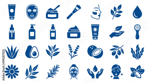 Collection of blue skincare and beauty icons representing natural ingredients and cosmetic products for healthy skin care routines and wellness treatments