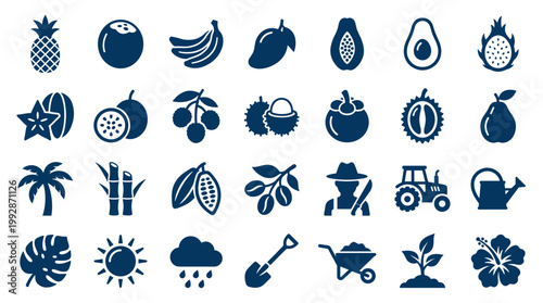 Tropical Fruits and Farming Icons Set Pineapple Coconut Banana Mango Avocado Dragon Fruit Star Fruit Sugar Cane Cocoa Plant Palm Tree Farmer Tractor Watering Can