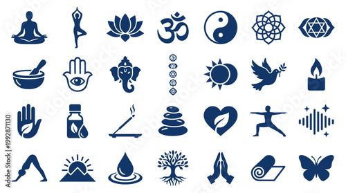Collection of yoga and meditation icons representing spiritual wellness mindfulness and healthy lifestyle symbols in blue