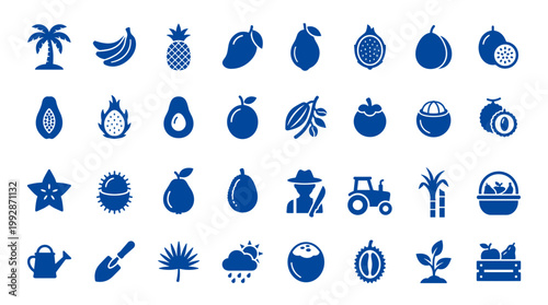 Collection of tropical fruits and farm icons in blue color, representing healthy food, agriculture and nature elements