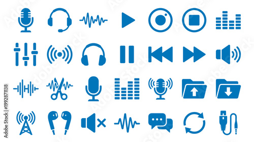 Collection of blue audio and music icons representing sound recording playback and audio editing on a white background